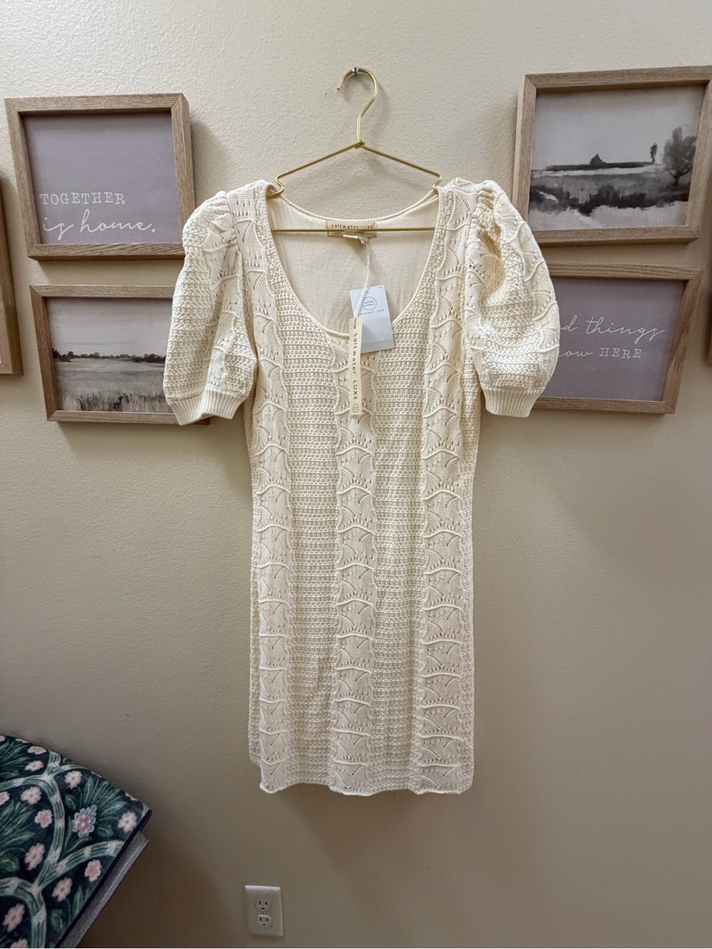 saltwater LUXE Cream Knit Puff-Sleeve Mini Dress